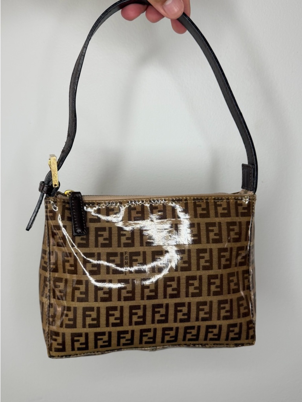 Fendi Zucca Logo Print Shoulder Bag Handbag Accessory Pouch Vinyl Italy Made
